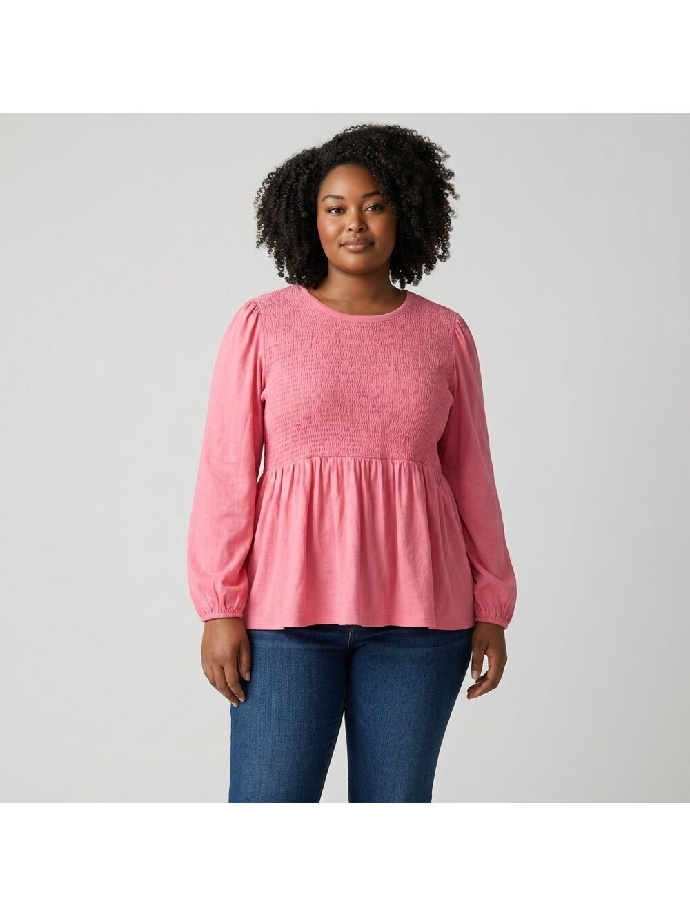 Terra & Sky Blouse Women 1X Plus Pink Long Sleeve Peplum Cotton Casual Pullover